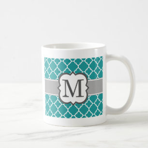 Blauwgroen Blauw Monogram Letter M Quatrefoil Koffiemok