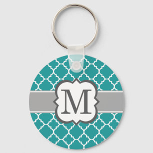 Blauwgroen Blauw Monogram Letter M Quatrefoil Sleutelhanger