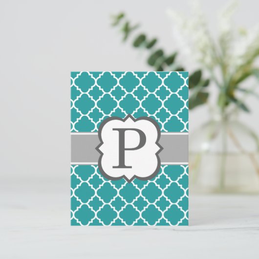 Blauwgroen Blauw Monogram Letter P Quatrefoil Briefkaart (Staand voorkant)
