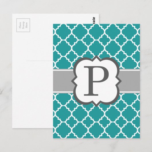 Blauwgroen Blauw Monogram Letter P Quatrefoil Briefkaart (Voorkant / Achterkant)