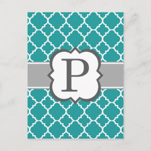 Blauwgroen Blauw Monogram Letter P Quatrefoil Briefkaart