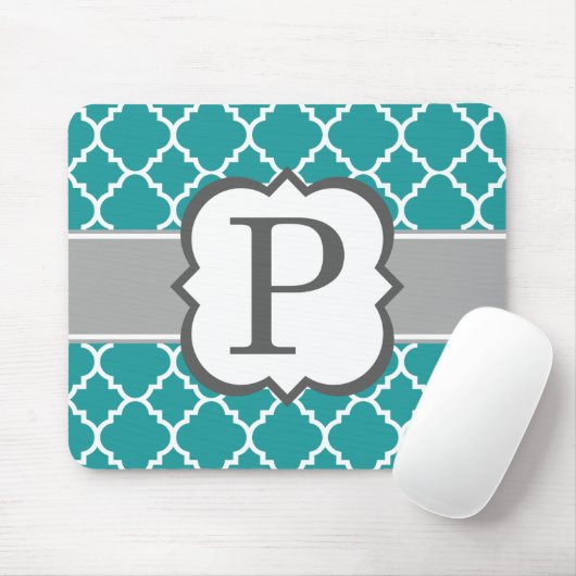 Blauwgroen Blauw Monogram Letter P Quatrefoil Muismat (Met muis)