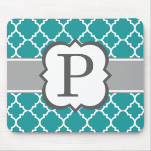 Blauwgroen Blauw Monogram Letter P Quatrefoil Muismat