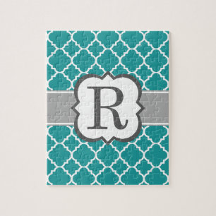 Blauwgroen Blauw Monogram Letter R Quatrefoil Legpuzzel