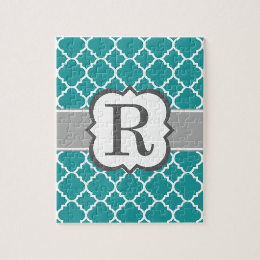 Blauwgroen Blauw Monogram Letter R Quatrefoil Legpuzzel (Verticaal)