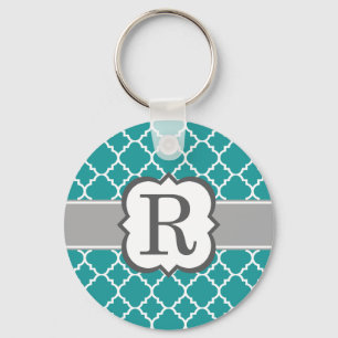 Blauwgroen Blauw Monogram Letter R Quatrefoil Sleutelhanger
