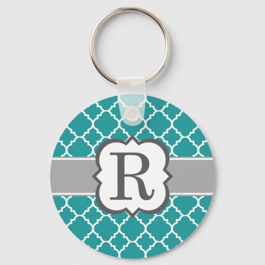 Blauwgroen Blauw Monogram Letter R Quatrefoil Sleutelhanger (Voorkant)