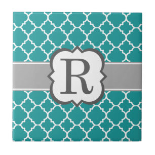 Blauwgroen Blauw Monogram Letter R Quatrefoil Tegeltje