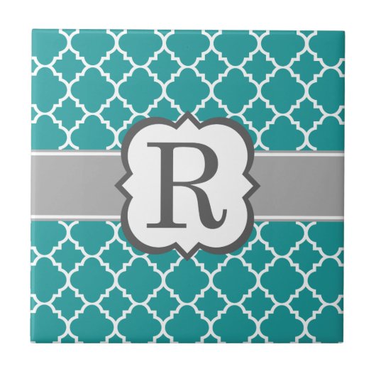 Blauwgroen Blauw Monogram Letter R Quatrefoil Tegeltje (Voorkant)