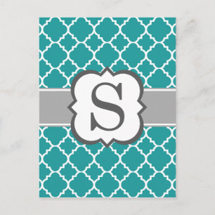 Blauwgroen Blauw Monogram Letter S Quatrefoil Briefkaart
