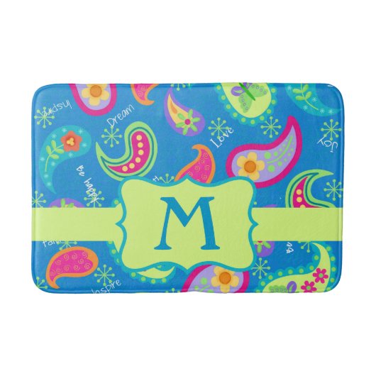 Blauwgroen blauw monogram modern paisleypatroon badmat (Voorkant)