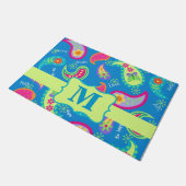Blauwgroen blauw monogram modern paisleypatroon deurmat (Schuin)