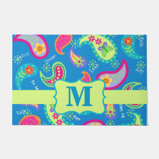 Blauwgroen blauw monogram modern paisleypatroon deurmat