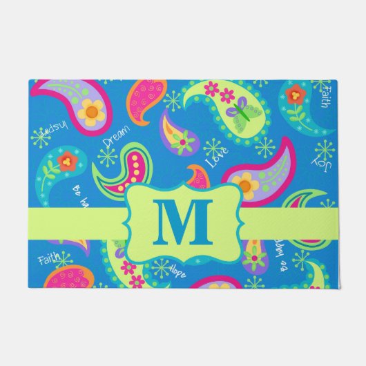 Blauwgroen blauw monogram modern paisleypatroon deurmat (Voorkant)