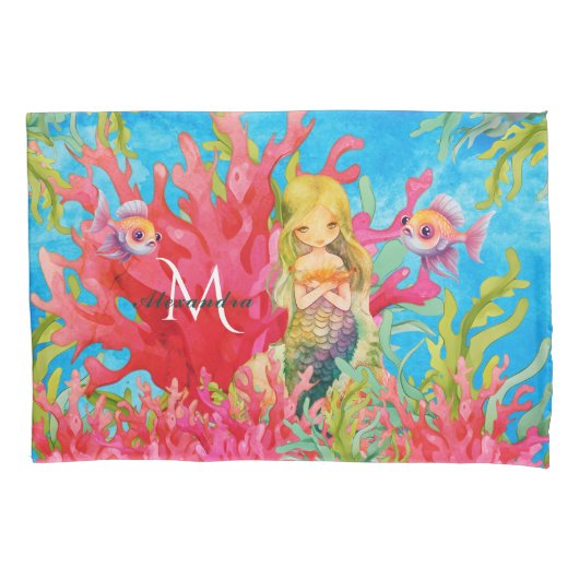 Blauwgroen Blauw Monogram Naam Zeemeermin Kussensloop (Voorkant)