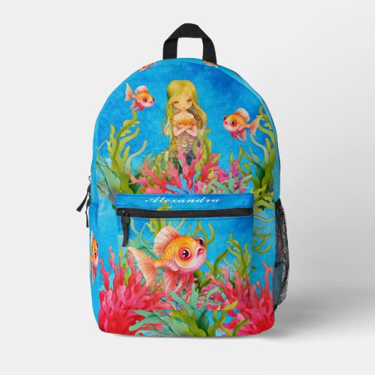 Blauwgroen Blauw Monogram Naam Zeemeermin Strandla Bedrukte Rugzak (Voorkant)