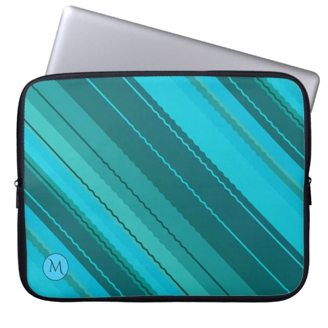 Blauwgroen blauw monogram Striped laptophoes Laptop Sleeve (Voorkant)