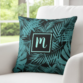 Blauwgroen blauw monogram tropisch palmbladpatroon kussen