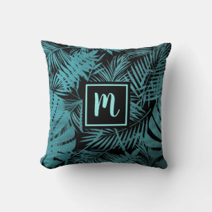 Blauwgroen blauw monogram tropisch palmbladpatroon kussen