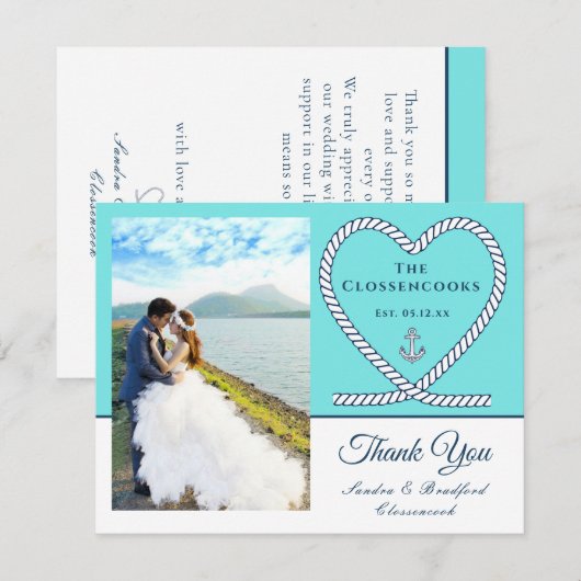 Blauwgroen blauw Nautisch touw Heart Anchor Weddin Bedankkaart (Voorkant / Achterkant)