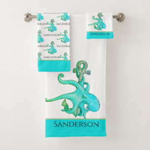Blauwgroen Blauw Octopus Coastal Nautical Bathroom Bad Handdoek