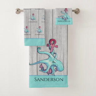 Blauwgroen Blauw Octopus Kustgrijs Hout Nautisch Bad Handdoek