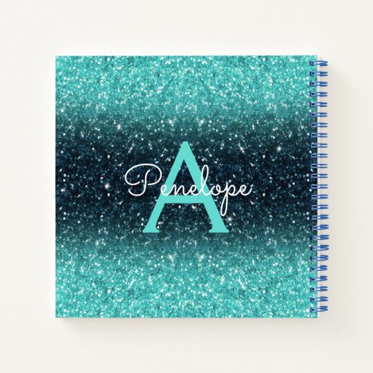 Blauwgroen Blauw Ombre Glitter en Monogram Schetsb Notitieboek (Achterkant)