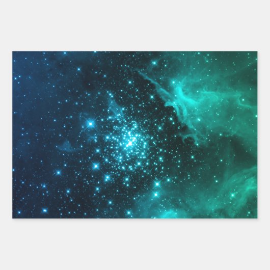 Blauwgroen blauw Ombre Starburst Celestial Firewor Inpakpapier Vel (Voorkant 2)