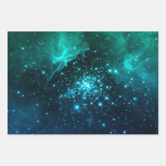 Blauwgroen blauw Ombre Starburst Celestial Firewor Inpakpapier Vel (Voorkant)