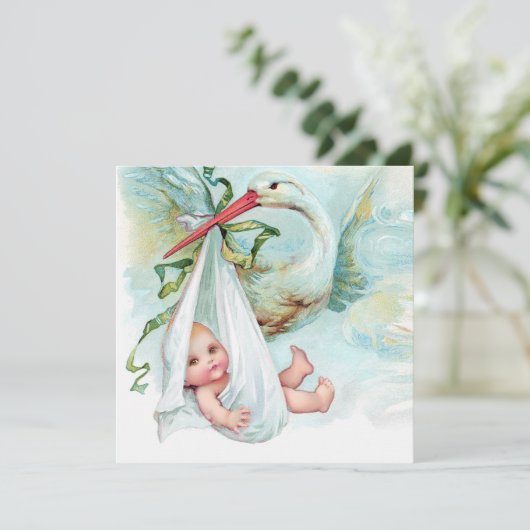 Blauwgroen blauw  ooievaars Baby shower Kaart (Staand voorkant)