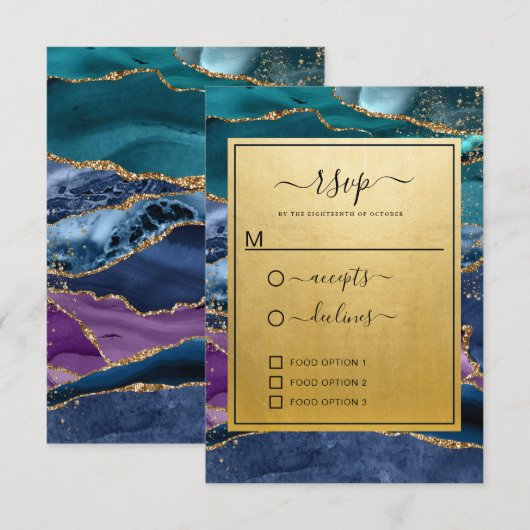 Blauwgroen blauw Paars goudbruin Glitter Agate Wed RSVP Kaartje (Voorkant / Achterkant)