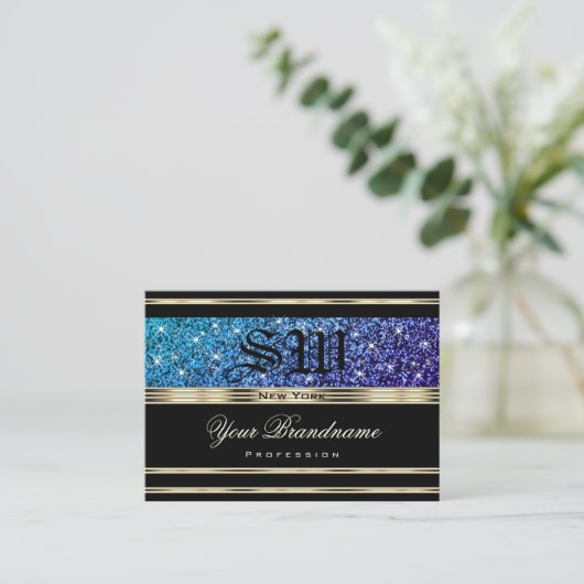 Blauwgroen blauw Paars Ombre Glitter Monogram Gold Visitekaartje (Staand voorkant)