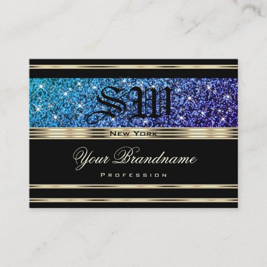 Blauwgroen blauw Paars Ombre Glitter Monogram Gold Visitekaartje (Voorkant)