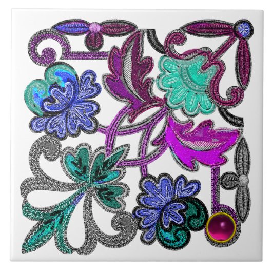 BLAUWGROEN BLAUW PAARSE  KANTBLOEM KLEURRIJKE EDEL TEGELTJE (Voorkant)