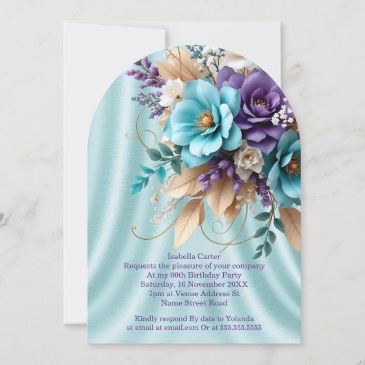  Blauwgroen Blauw Paarse Witte Verjaardagsbloemen Kaart (Achterkant)