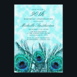 Blauwgroen blauw pacock 90th Birthday Kaart<br><div class="desc">Elegant glittery blauwgroen en blue peace veren de uitnodiging van het 90ste verjaardagsfeest.</div>