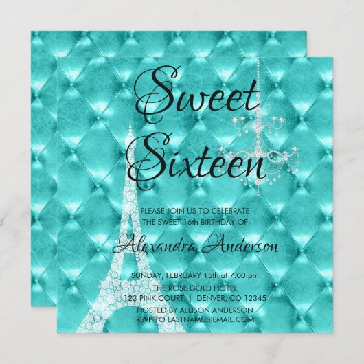 Blauwgroen blauw parijs lief zestien verjaardagsfe kaart (Voorkant / Achterkant)