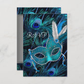Blauwgroen Blauw Pauw Masker Maskerade Party RSVP (Voorkant / Achterkant)