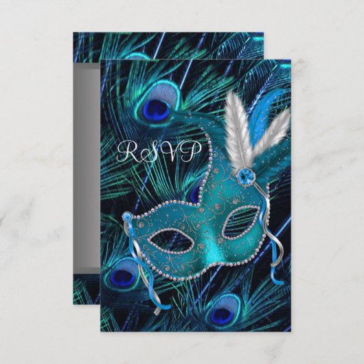 Blauwgroen Blauw Pauw Masker Maskerade Party RSVP (Voorkant / Achterkant)