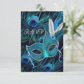 Blauwgroen Blauw Pauw Masker Maskerade Party RSVP Kaartje (Staand voorkant)