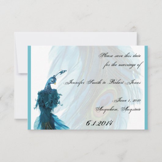 Blauwgroen Blauw Peacock Plume sparen de Datum Save The Date (Voorkant)