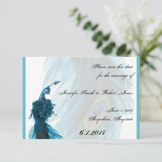Blauwgroen Blauw Peacock Plume sparen de Datum Save The Date (Staand voorkant)