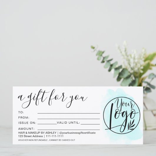 Blauwgroen blauw penseelcadeaucertificaat logo (Staand voorkant)