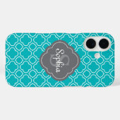 Blauwgroen blauw Quatrefoil Pattern Gray Monogram Case-Mate iPhone Case (Achterkant (horizontaal))
