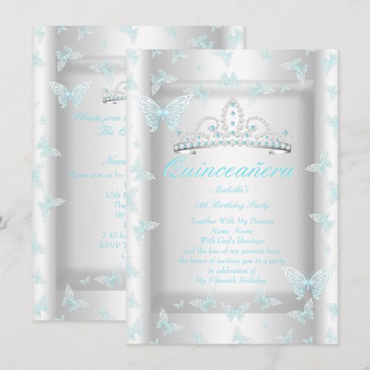  Blauwgroen blauw Quinceanera partij Tiara Butterf Kaart (Voorkant / Achterkant)