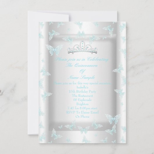 Blauwgroen blauw Quinceanera partij Tiara Butterf Kaart (Achterkant)
