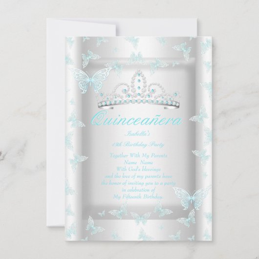  Blauwgroen blauw Quinceanera partij Tiara Butterf Kaart (Voorkant)