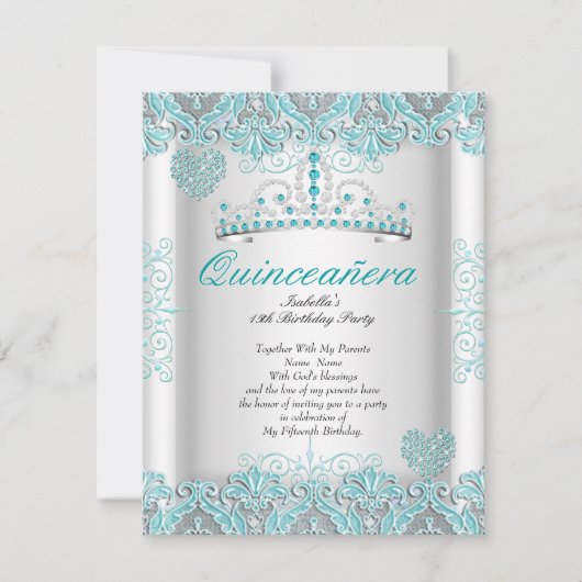  Blauwgroen blauw Quinceanera Party Tiara Hearts Kaart (Voorkant)