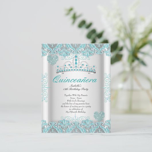  Blauwgroen blauw Quinceanera Party Tiara Hearts Kaart (Staand voorkant)