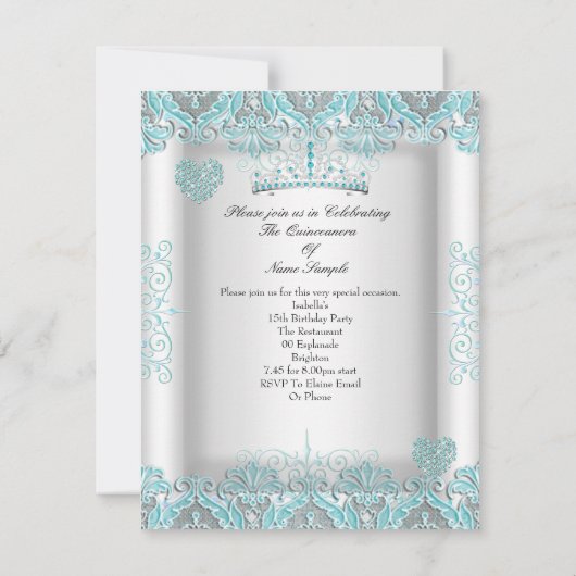  Blauwgroen blauw Quinceanera Party Tiara Hearts Kaart (Achterkant)